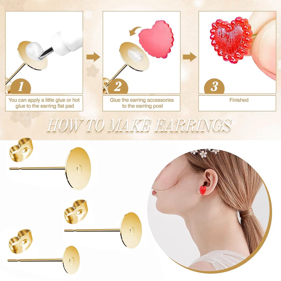 Chiusure Orecchini Basi Perni 4mm 5mm 6mm Oro Ferma Orecchino Trasparente Gomma Backs Support per Creazione Gioielli Fai da Te Zestaw 150