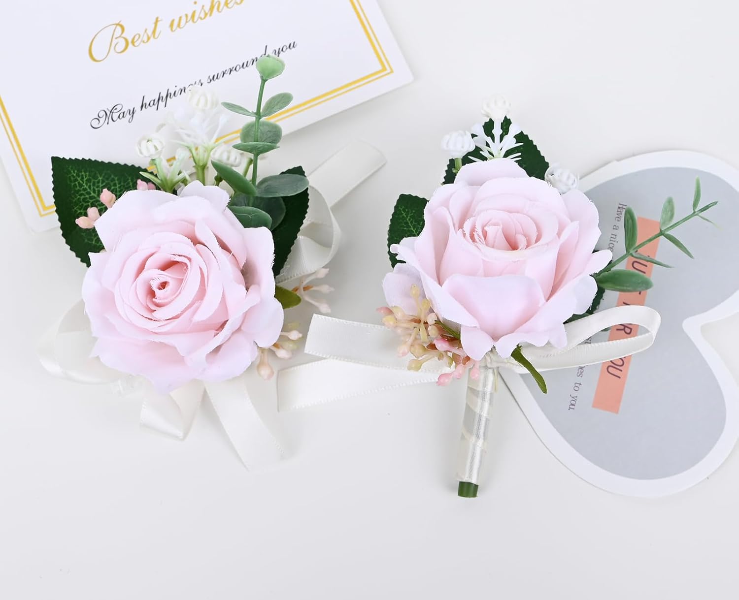 MAFELOE 2 Pieces Boutonniere Wrist Corsage Set, Artificial Rose Flowers Men Women Bride Groom Wedding Prom Party Suit Decor - Light Pink A - Image 4