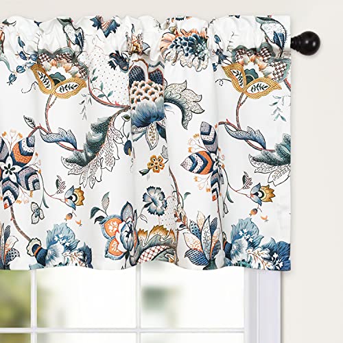 Vogol Botanical Valance For Kitchen, Ink & Watercolor Style Lotus Pattern Printed Panels, Blue Floral Window Treatment For Basement Bathroom Bedroom, 52 X 18 Inches, 1 Piece #TOP11