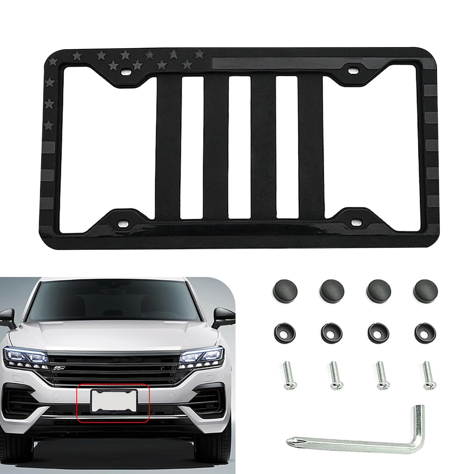 1 PC Car American Flag License Plate Frame, 12.2" x 6.2" Silicone Waterproof Rustproof Decoration with Drain Holes, Patriotic License Plate Cover with Screw, Universal for Cars (Black)