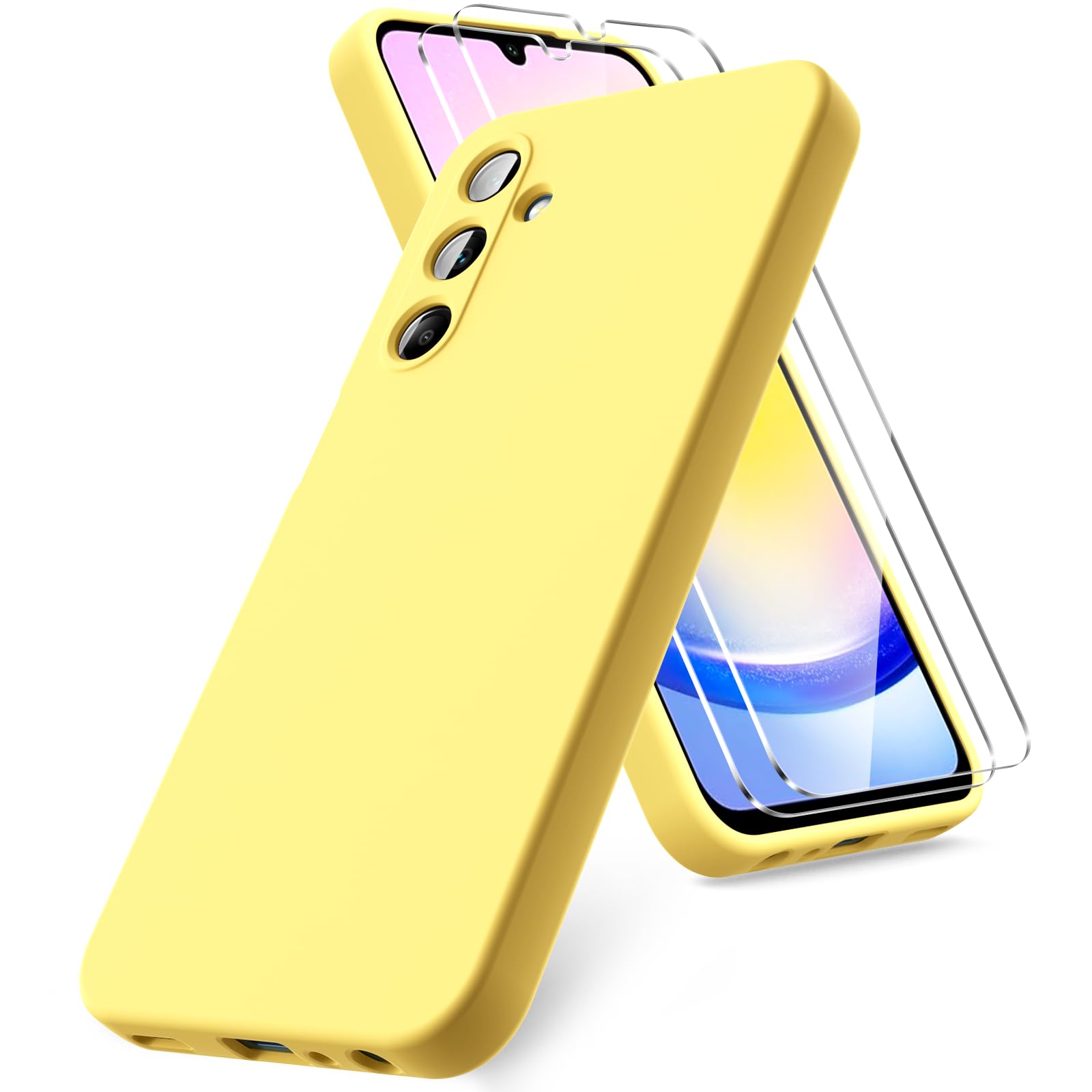 Vansdon Cover Compatibile con Samsung Galaxy A25 5G, 2 Pellicola Protettiva in Vetro Temperato, Gomma Gel di Silicone Liquida Antiurto Custodia - Giallo