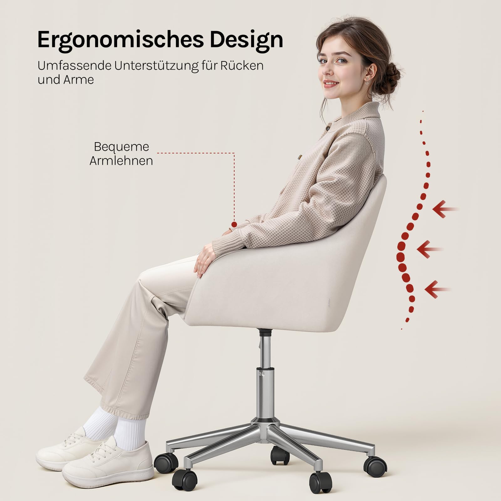WOLTU Homeoffice Stuhl, Schreibtischstuhl, Drehstuhl, Schminkstuhl, höhenverstellbar, bis 150 kg belastbar, mit Armlehnen Samtsitz, für Schlafzimmer Büro Wohnzimmer, Beige