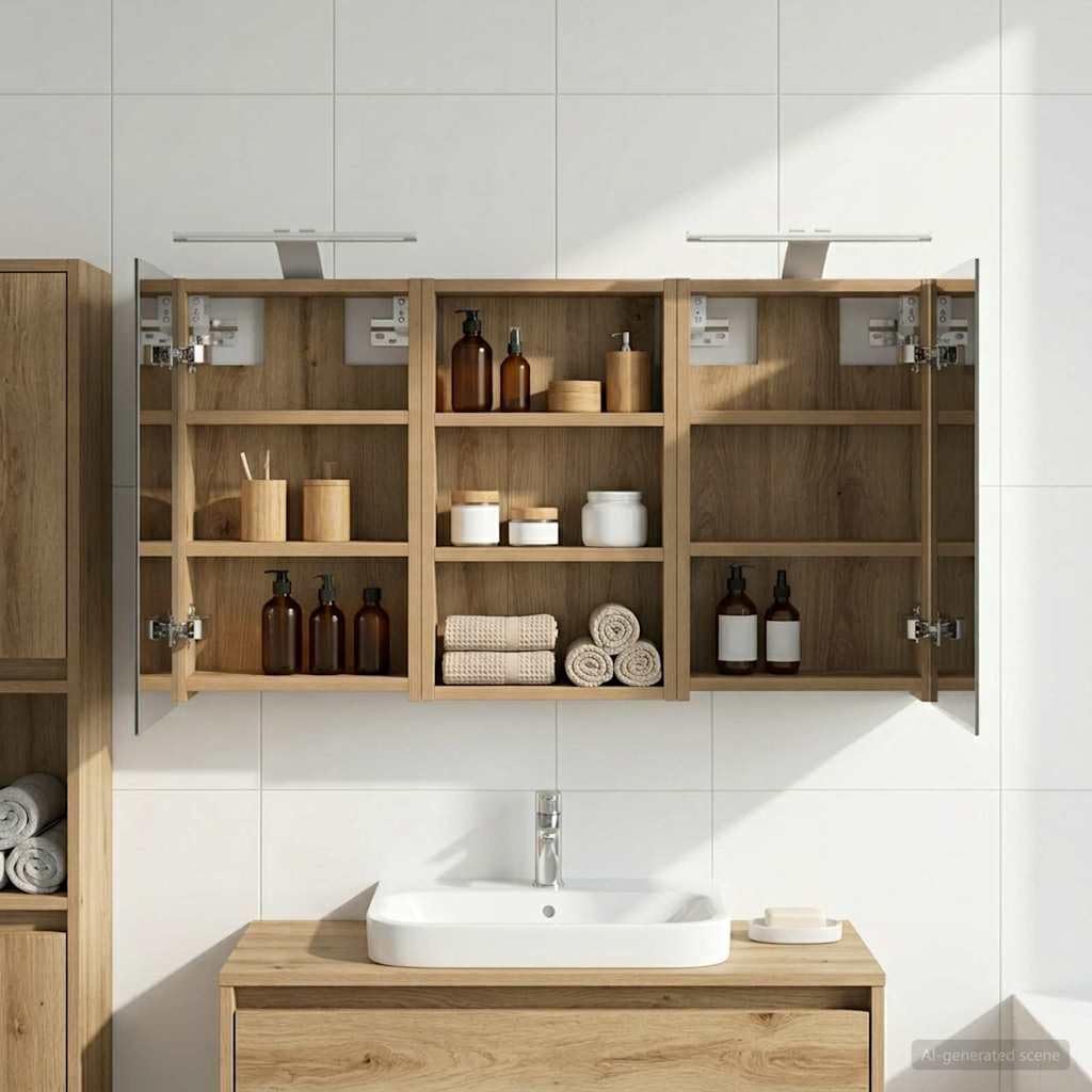 Set di armadietti da bagno in legno, 3 pezzi, 90 x 10,5 x 50 cm, con montaggio a parete e illuminazione a LED, specchio bidirezionale, con ripiani, salvaspazio per mobili da bagno e