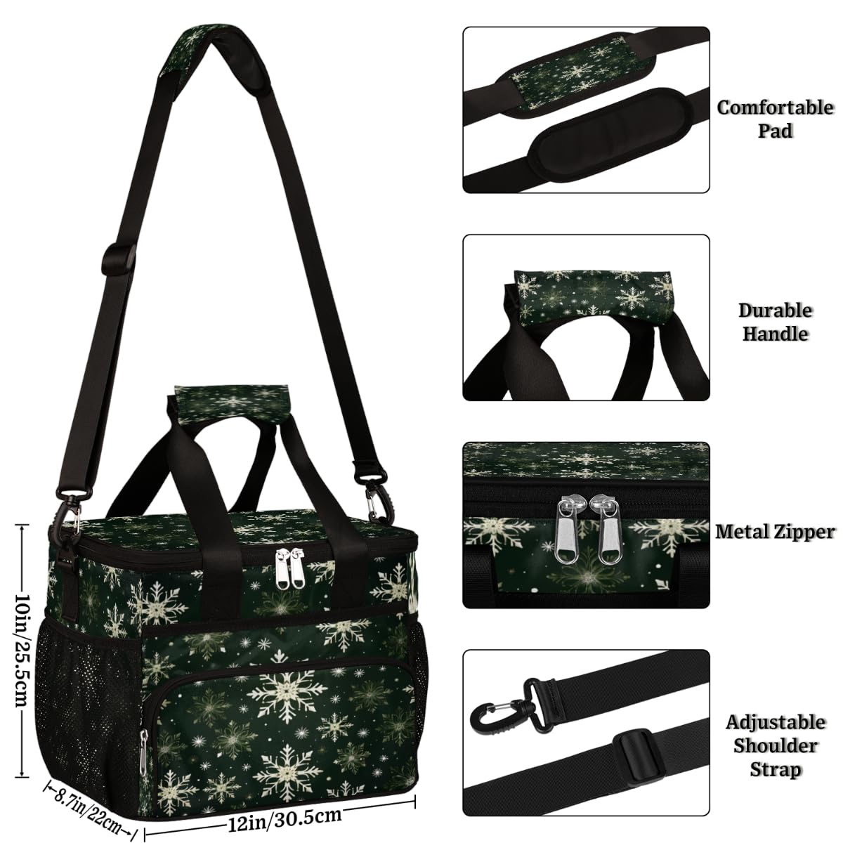 Insulated Picnic Backpack Lunch Box for Women Men Picnic Basket Tote Lunch Bag Picnic Bag Portable Lunch Bags for Picnic, Beach, Work, Trip,Office, Camp Snowflake Xmas