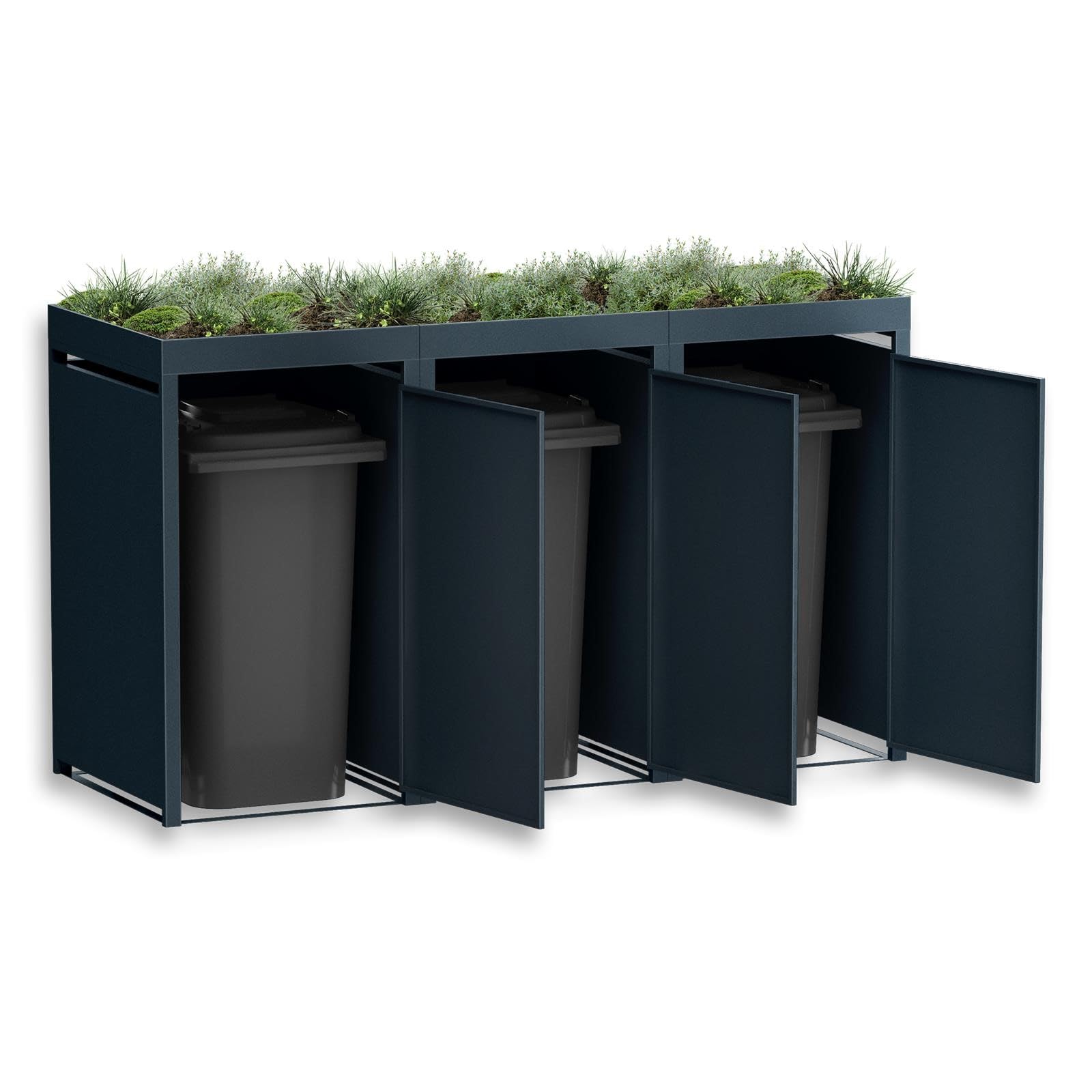 Metzler Mülltonnenbox in Anthrazit mit Pflanzdach 3er 240L, Mülltonnenverkleidung 3 Tonnen, witterungsbeständiger und pulverbeschichteter Stahl mit Automatikdeckel, abschließbar, Garten- und Müllbox