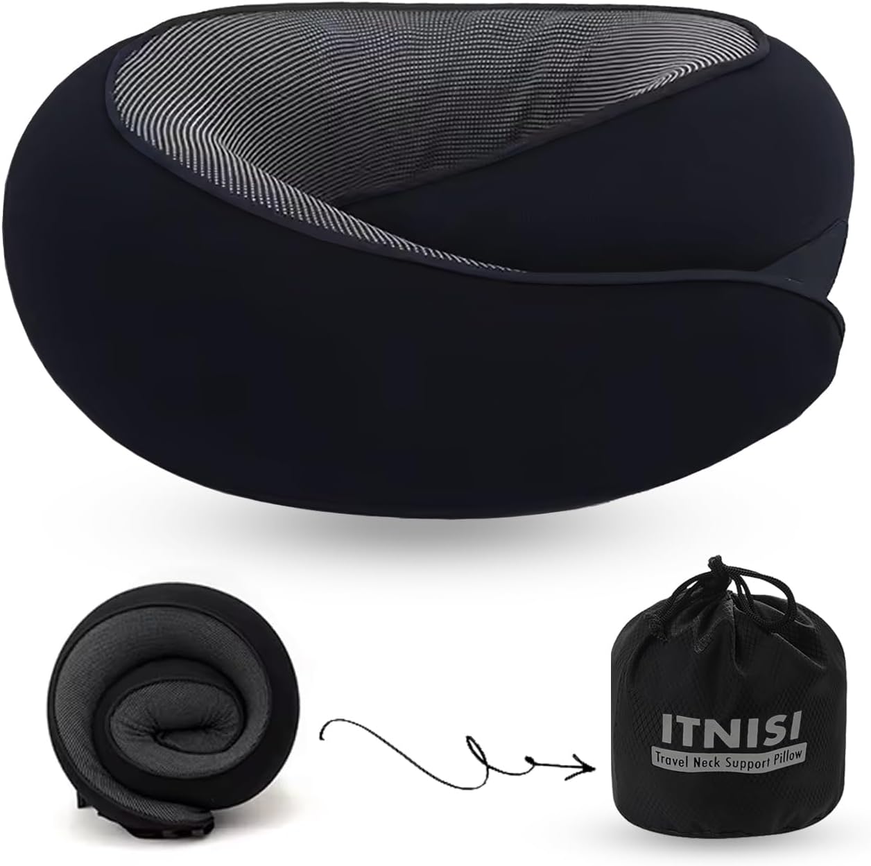 Travel Memory Foam Pillow - Adjustable Size. Essentials for Head, Chin and Neck Support During Airplane Travel, Long Flight, Car Ride/Driving, Sleeping, and Power Nap. Machine Washable. (Black)
