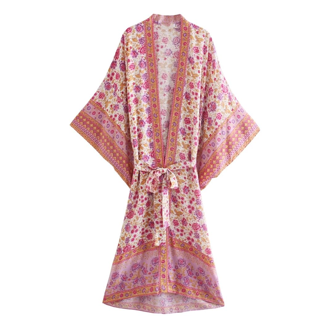 Wjnvfioo Kimono vintage con stampa floreale da donna con scollo a V e maniche a pipistrello