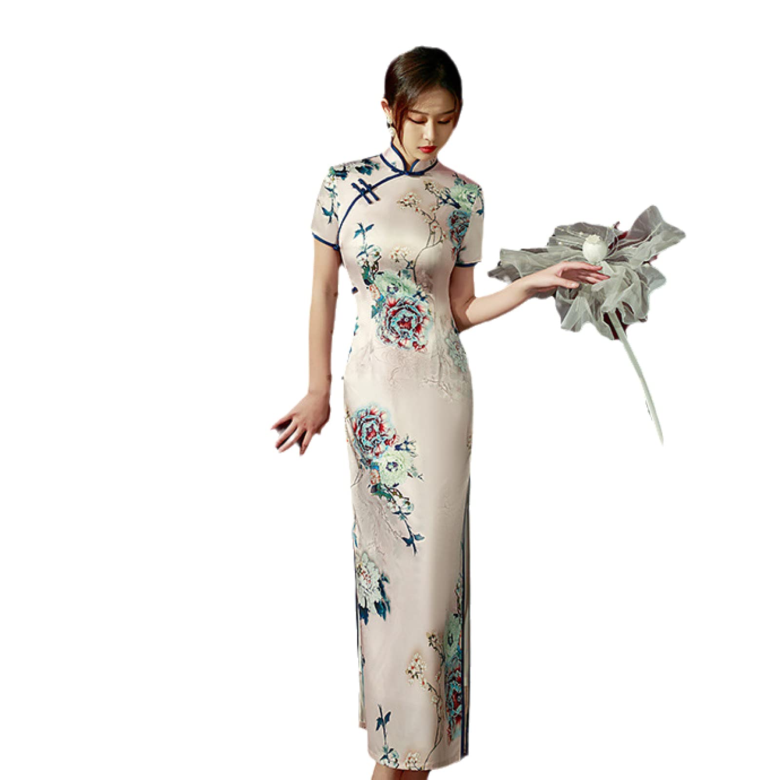 YAROVA Vestito da Cinese Donna -Moda Primavera Estate Qipao Cheongsam Abito Manica Corta Lungo Stile Cinese Tradizionale Migliorato Vestiti Banchetto di Festa Abbigliamento retrò