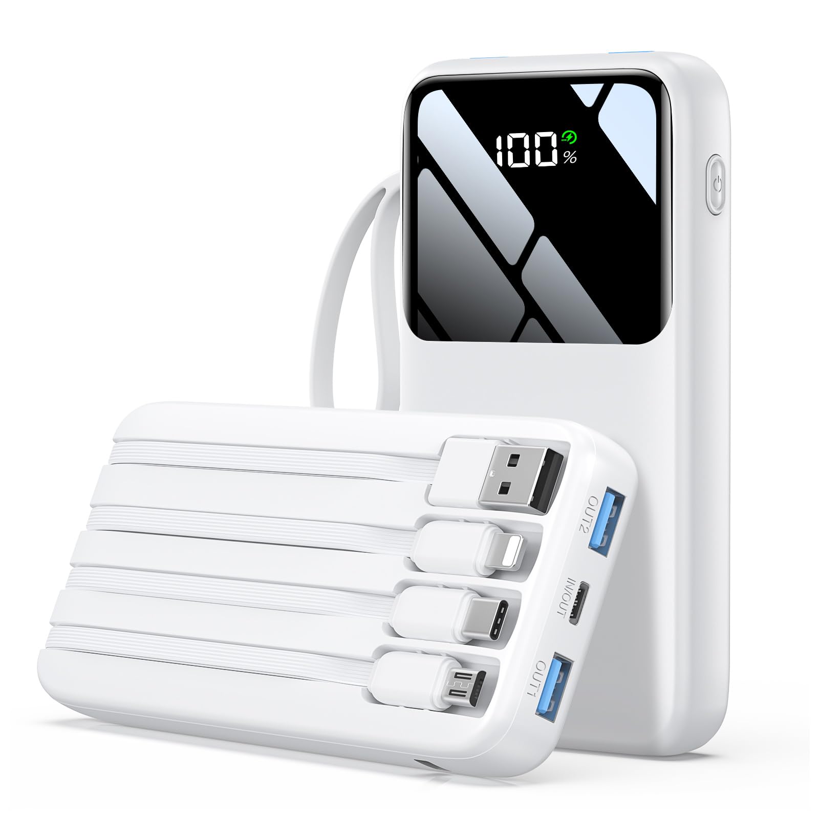 Power Bank 15000mAh Portable Charger with Built in Cable 22 5W Fast Charging 6 Outputs Slim Travel Essential