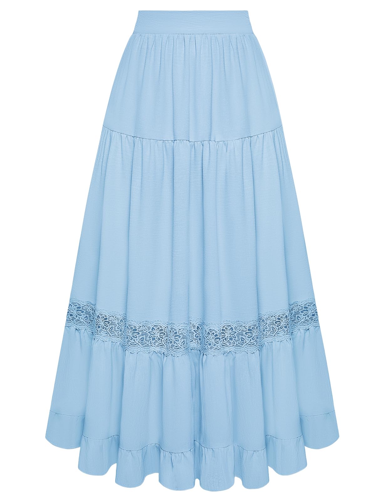 Belle Poque Womens Midi Skirt Boho Flowy Spring Summer Elastic Waist Aline Ruffle Lace Tiered Skirt with Pockets