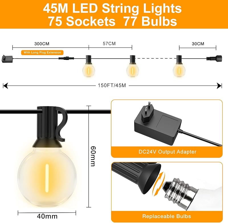 GLUROO 45m Kültéri Fényfüzér G40 LED Izzóval Meleg Fehér Vízálló