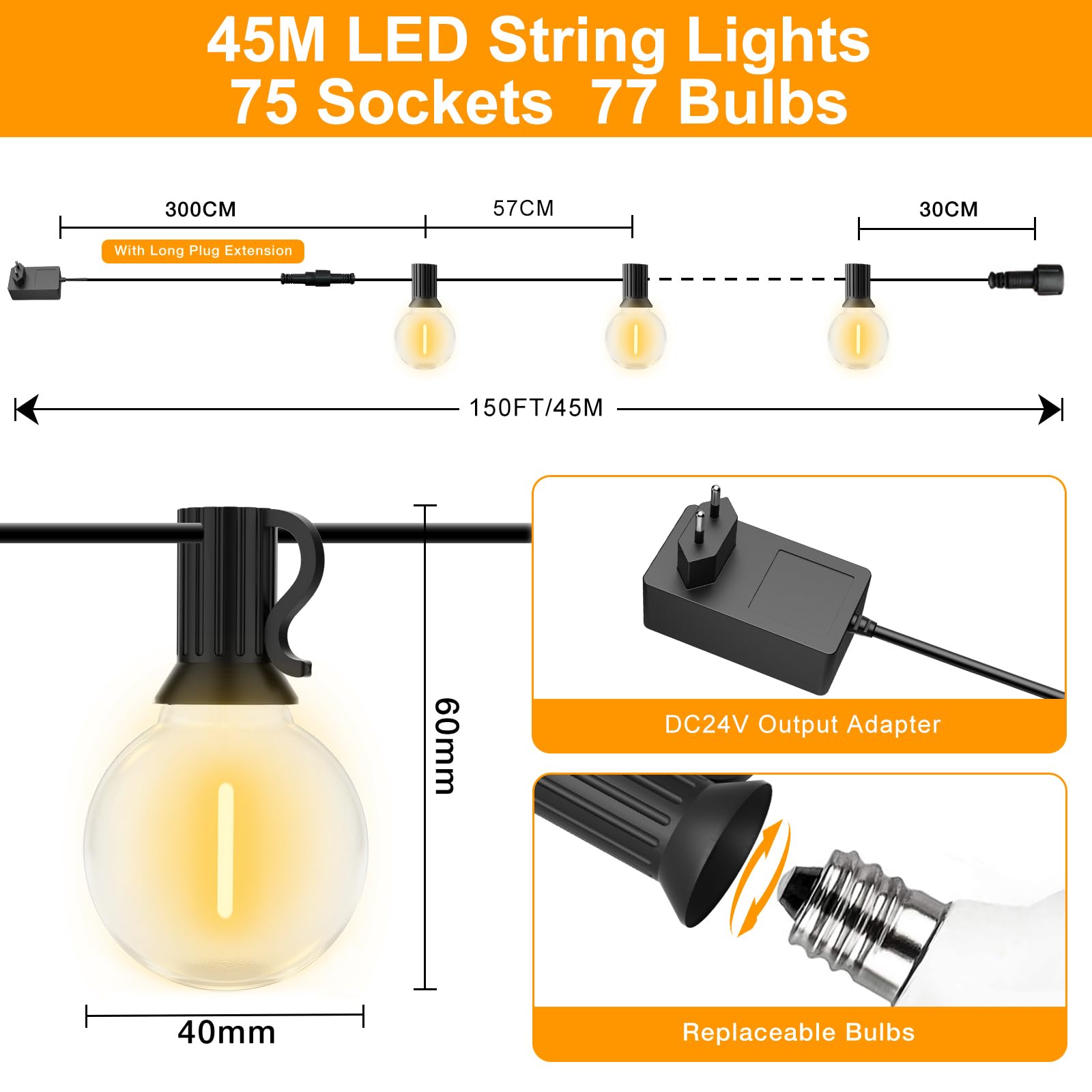 GLUROO Catena Luminosa Esterno 45M, Luci da Esterno Giardino G40 con 75+2 LED Lampadine Infrangibili, Bianco Caldo,Impermeabile Catena Luci Esterno per Terrazzo Bistrot