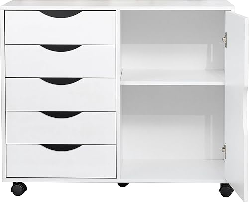 QDSSDECO Cómoda de 5 cajones con 1 puerta, cómoda de almacenamiento de madera, armario móvil con ruedas, soporte de impresora para el hogar,