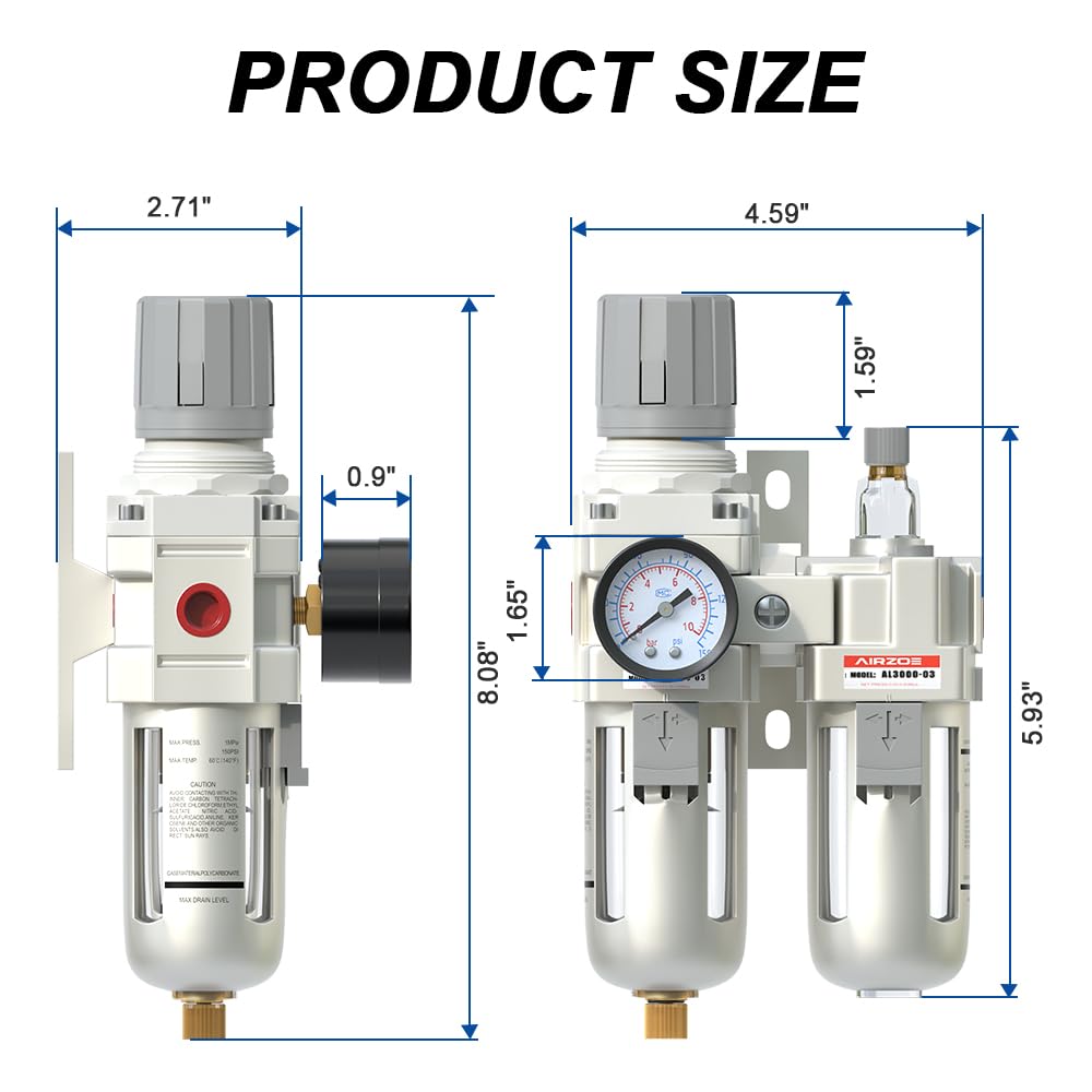 AIRZOE Combo de lubricador regulador de filtro de aire comprimido NPT de 3/8 pulgadas, separador de agua de compresor de aire AC3010-03,5 micrones, drenaje semiautomático, calibre 0-150 psi