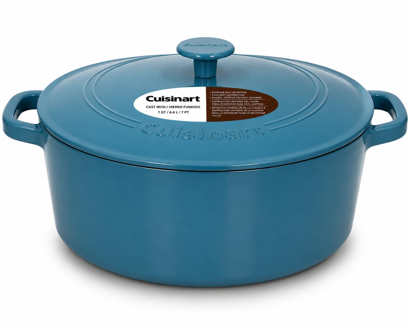 Cuisinart Chef's Classic Enameled Cast Iron Dutch Oven with Lid, Porcelain Enameled Interior, Oven Safe, Induction Compatible, 7-Quart, Round, Teal