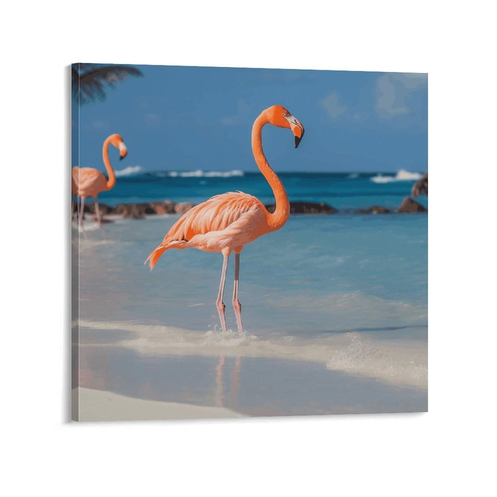KLOPH Beach Flamingo Canvas Wall Art for Living Room 08x8inch Modern Artwork Painting for Bathroom Hanging Canvas Prints Aesthetic Wallart for Bedroom Kitchen Office Wall Decor