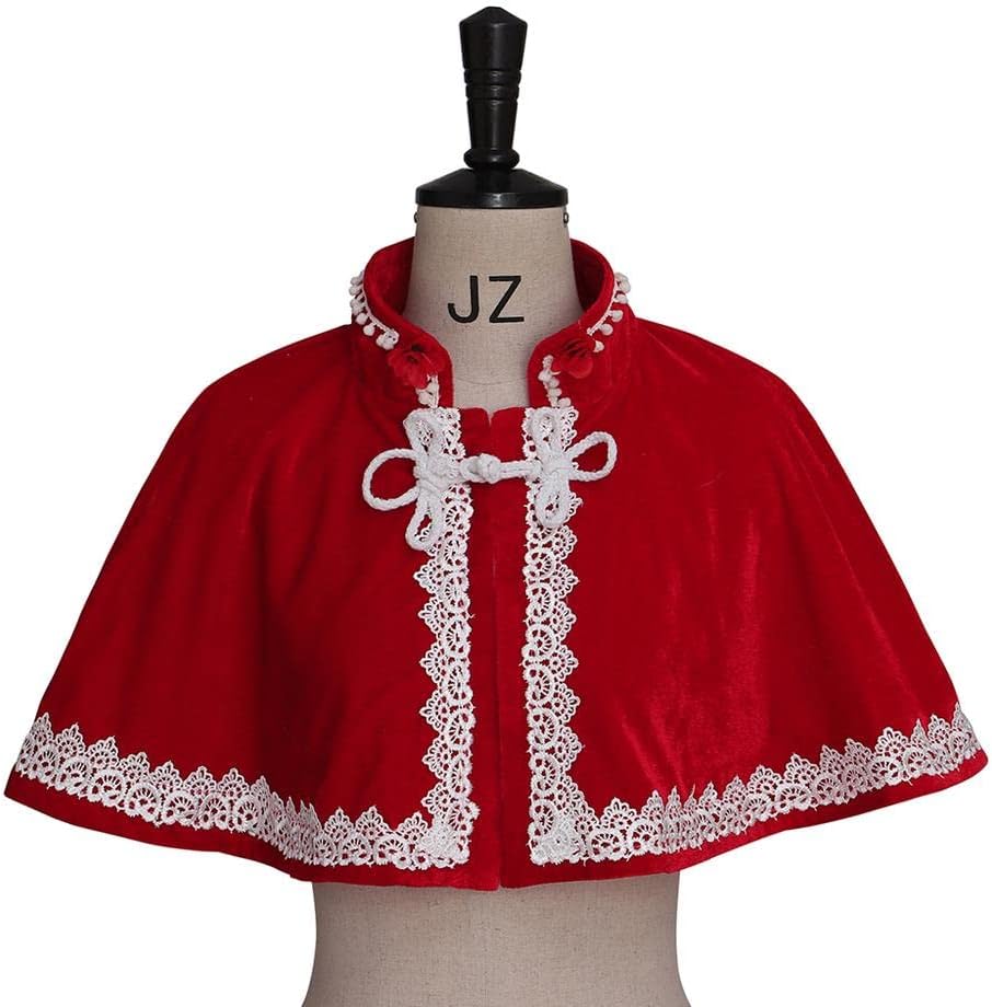 Christmas Cloak Red Velvet Cape Short Lace Shawl Lolita Cloak for Women
