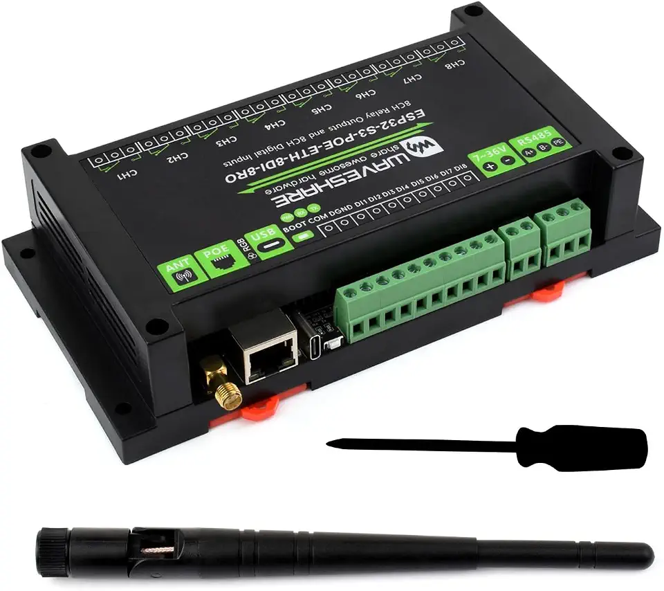Waveshare Industrial 8-Channel ESP32-S3 Wi-F Relay Module, Isolated RS485 Interface, Xtensa 32-bit LX7 Dual-core Processor, 240MHz, Multiple Isolation Protection Circuits, PoE Ethernet Port