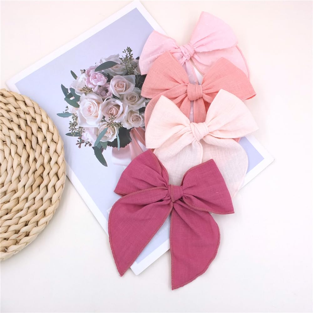 Pack of 4 Gorgeous Fable Bow Hair Clips for Girls Women Linen Hair Bow Alligator Clips Toddler Baby Mom Young Girl Hair Accessories (Pink/Rose) - Image 2