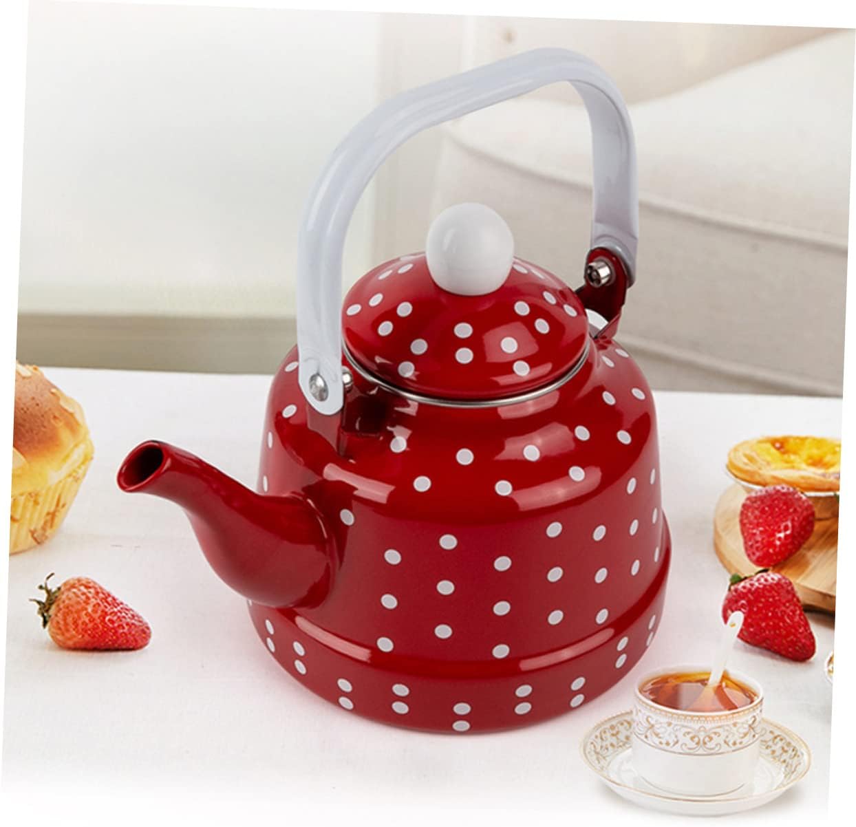GLEAVI Red White Dot Enamel Tea Pot Whistling Stovetop Kettle Decorative Kettle for Kitchen
