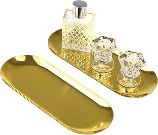2Pcs Gold Decorative Tray Food Grade Stainless Steel Bathroom Vanity Tray Gold Trinket Jewelry Dish Cosmetics Organizer Perfume Candle Storage Plate Holder Sink Bathroom Clutter Serving Plate, Oval