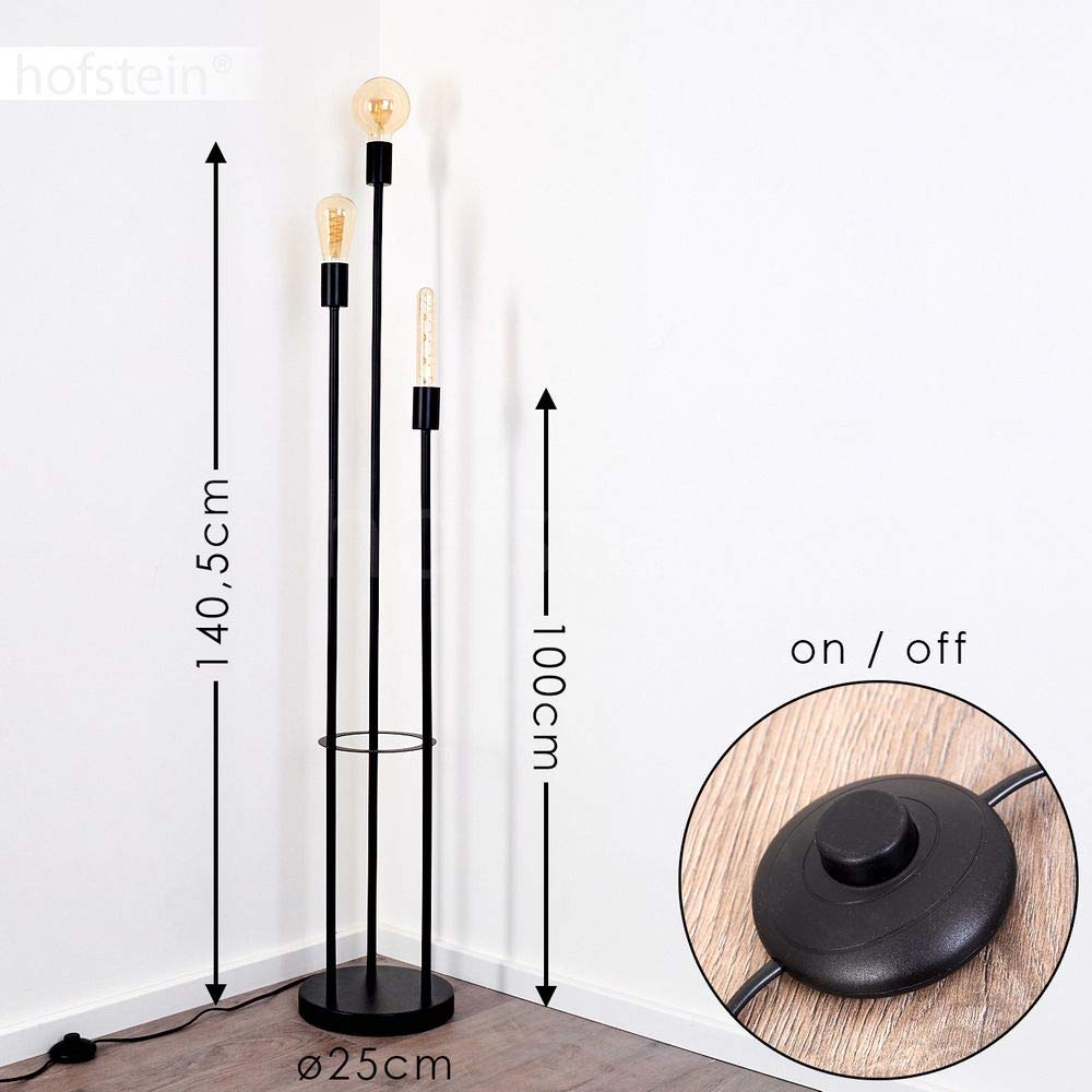 Stehlampe Maidford, Vintage Stehleuchte aus Metall in Schwarz, 3-flammig, 3 x E27-Fassung, Leuchte im Retro-Design m. Fußschalter am Kabel, ohne Leuchtmittel