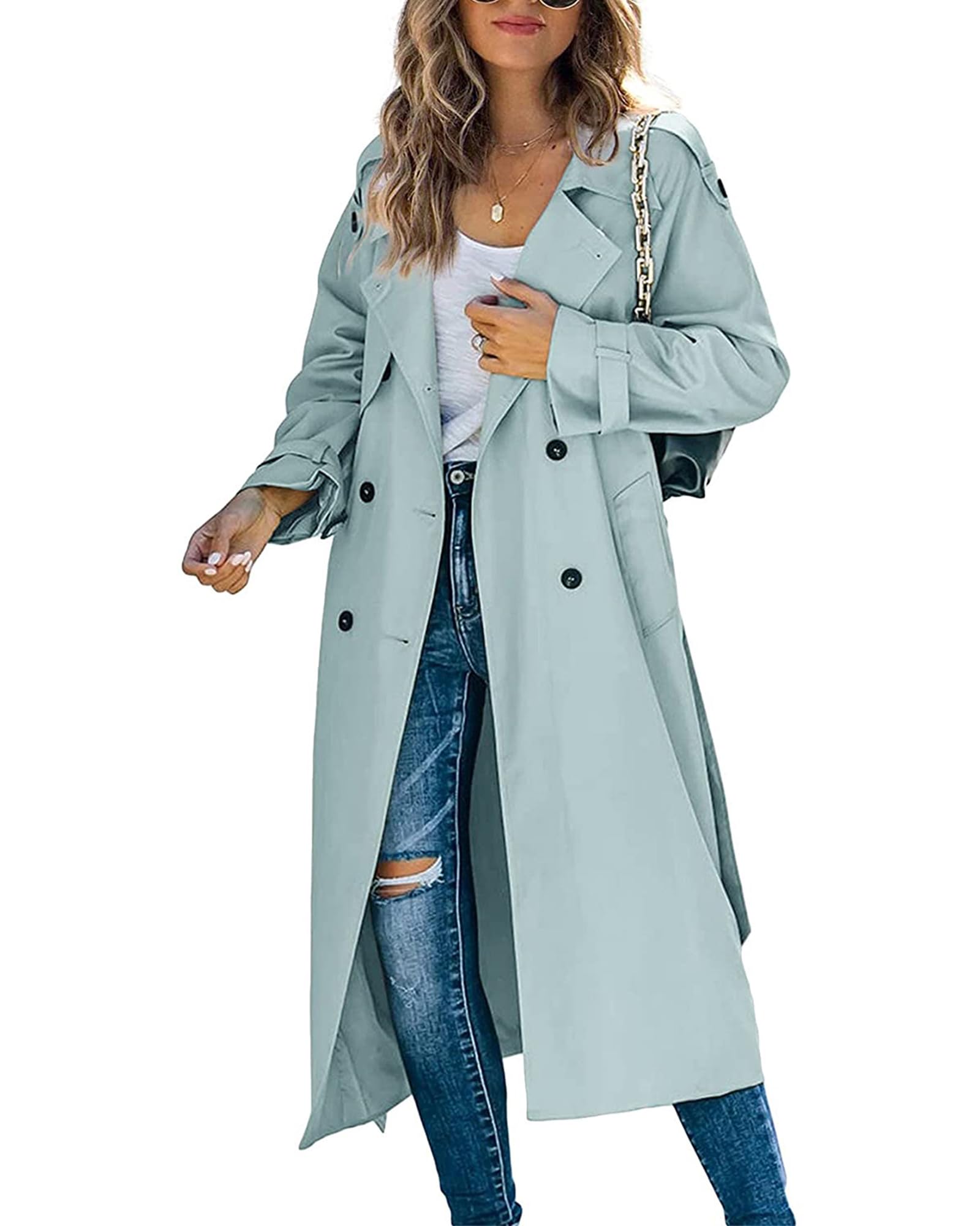 Klassieke lange trenchcoat voor dames, dubbele rij knopen, revers, lange mouwen, winddichte overjas met riem, A-leger Groen, XXL