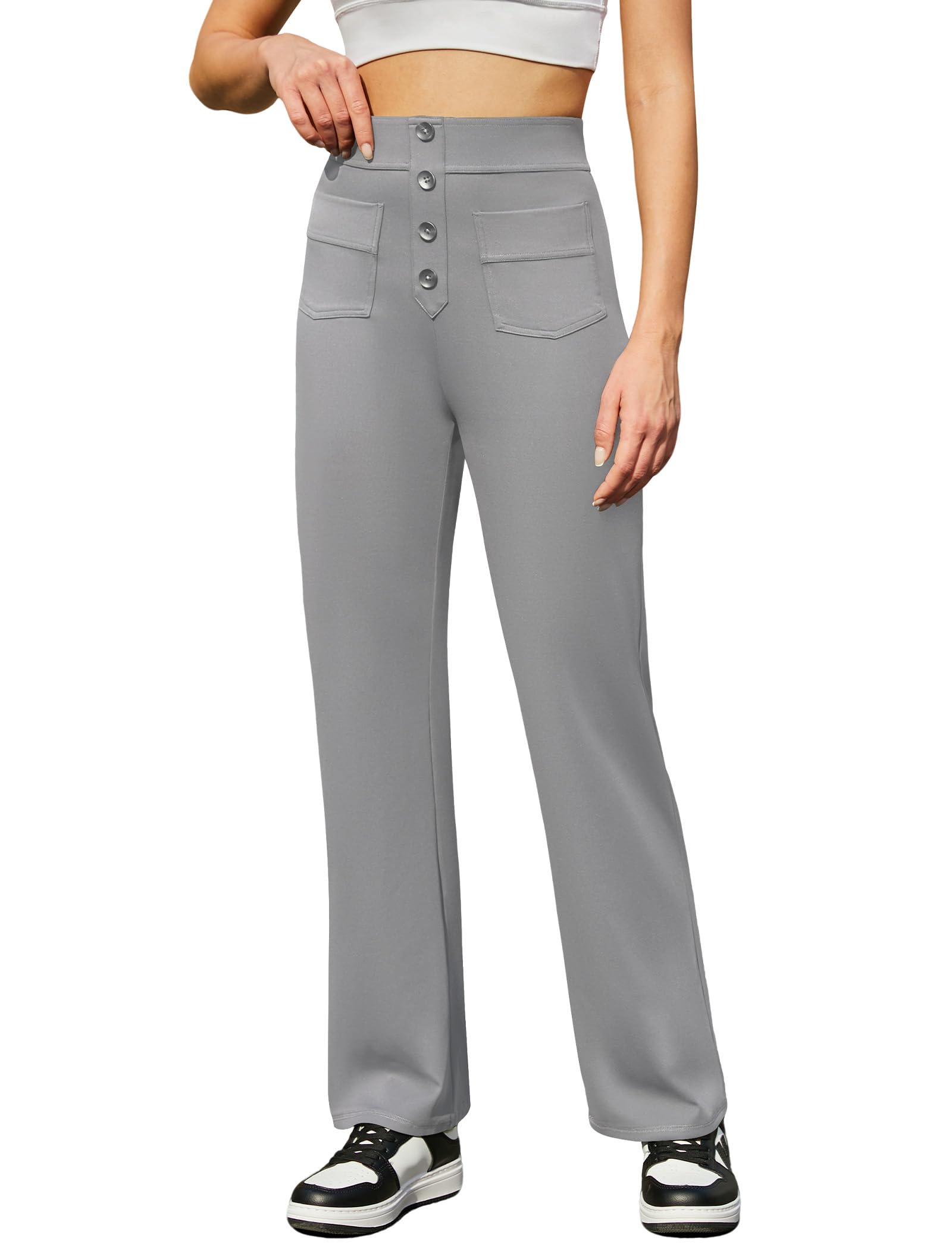 Friptspyg Hosen Damen Hohe Taille Freizeithose Stretch Hose mit Knopf Gerade Yogahose mit Taschen Elastische Hose Damen Weites Bein für Bewegung und Freizeit