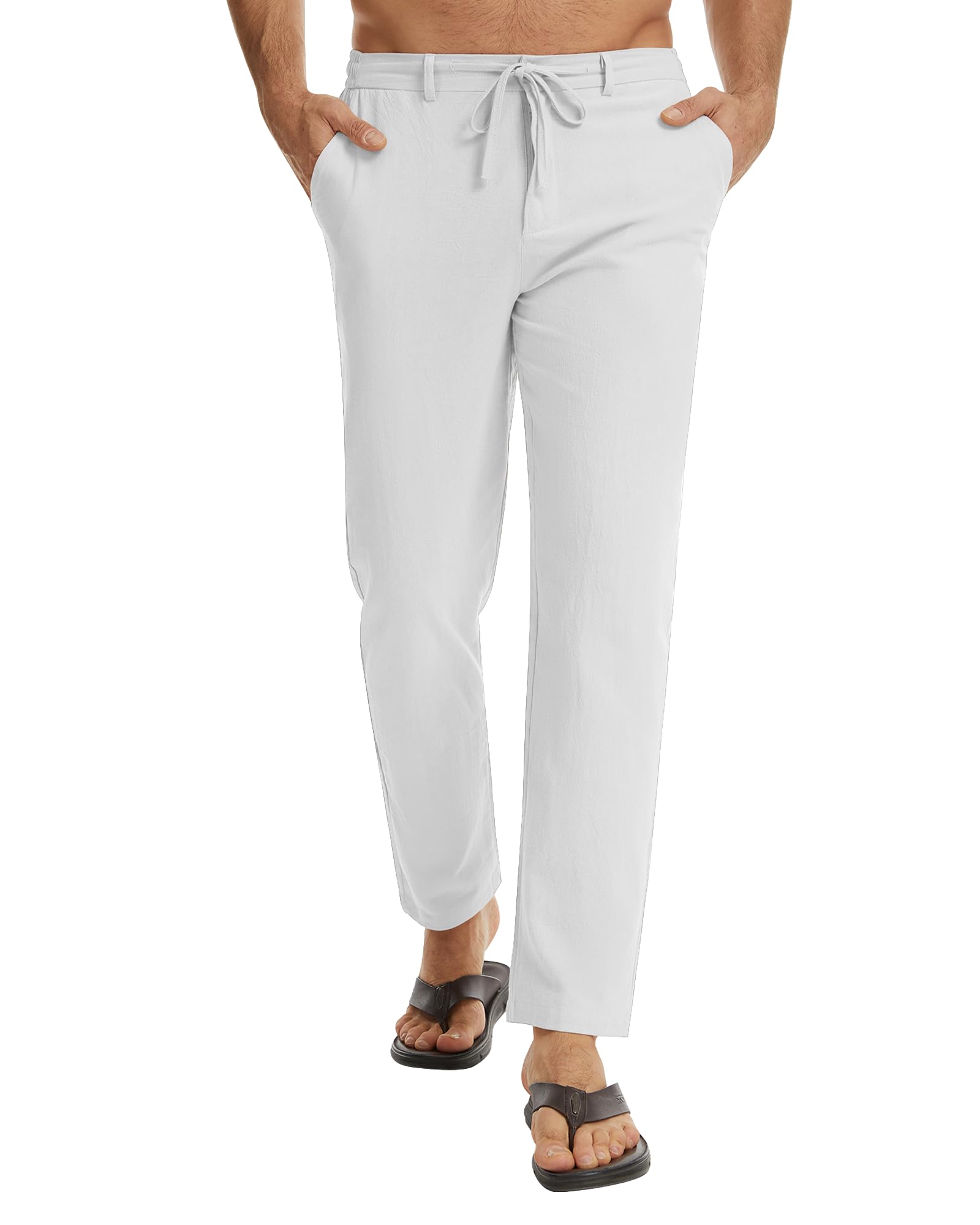 Mens Linen Trousers Summer Holiday Beach Elasticated Waist Drawstring Trousers