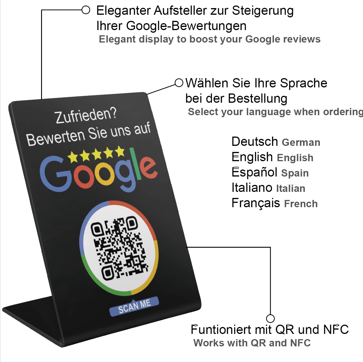 Google Bewertungs Aufsteller Schild Display für Unternehmen Laden Shops Restaurants. QR Code und NFC (V1 Weiß Medium)