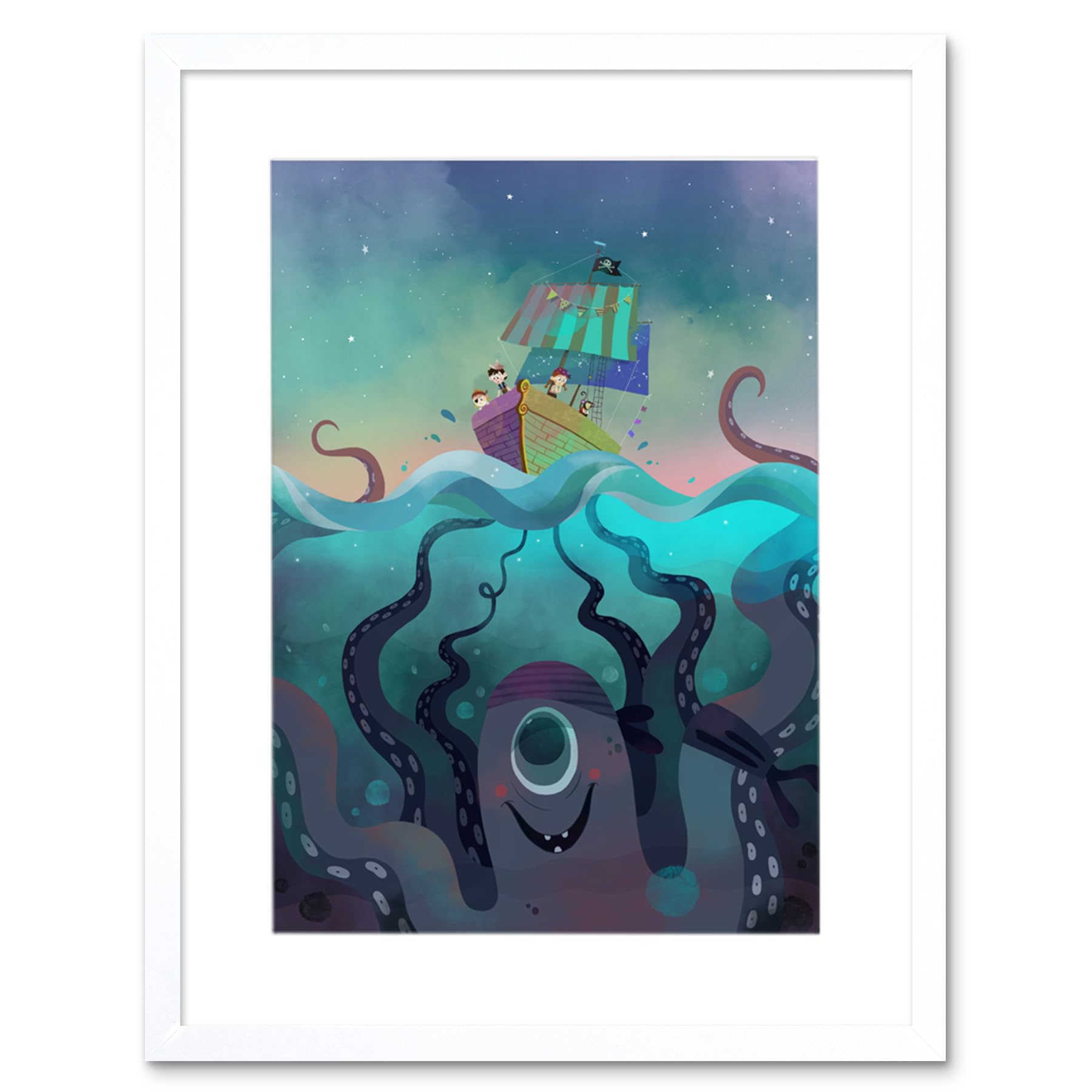 Wee Blue Coo Pirate Ship Octopus Framed Wall Art Print
