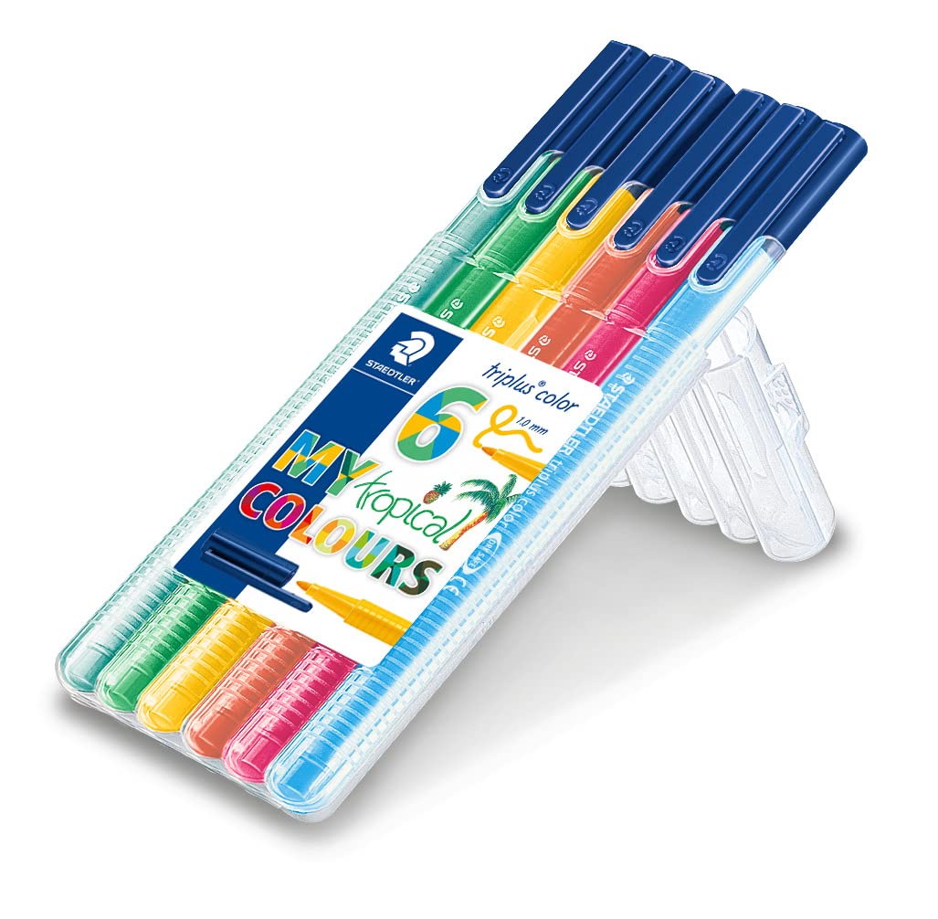 STAEDTLER 323 SB6CS4 triplus kolorowe flamastry (ergonomiczny trójkątny kształt, stabilna końcówka, łatwe do mycia, etui z 6 różnokolorowymi malowaniami My tropical colours, szerokość kreski 1,0 mm)