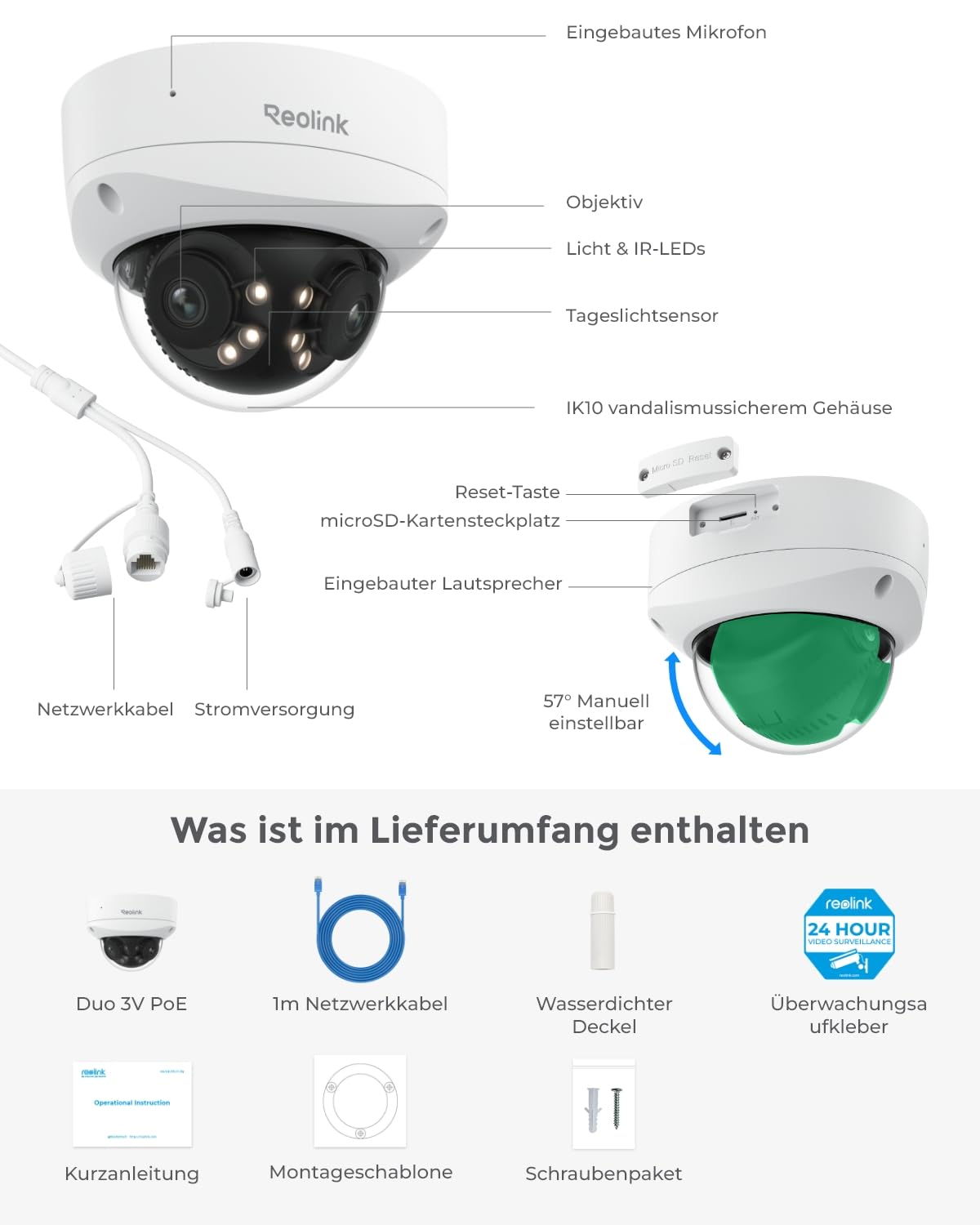 Reolink 16MP UHD 180° Panorama Dual-Objektiv Überwachungskamera, Bewegungsverfolgung, Farbnachtsicht, Spotlight, Smart-Erkennung & Alarme, Zwei-Wege-Audio, IK10 Vandalismussicher, IP67, Duo 3V PoE
