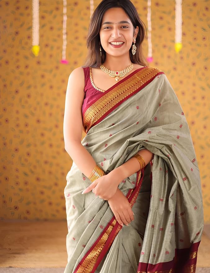 Image of Pure Kalyani Cotton Saree | Zari Border & Blouse Piece - Lata Gadwal Design | Traditional Saree