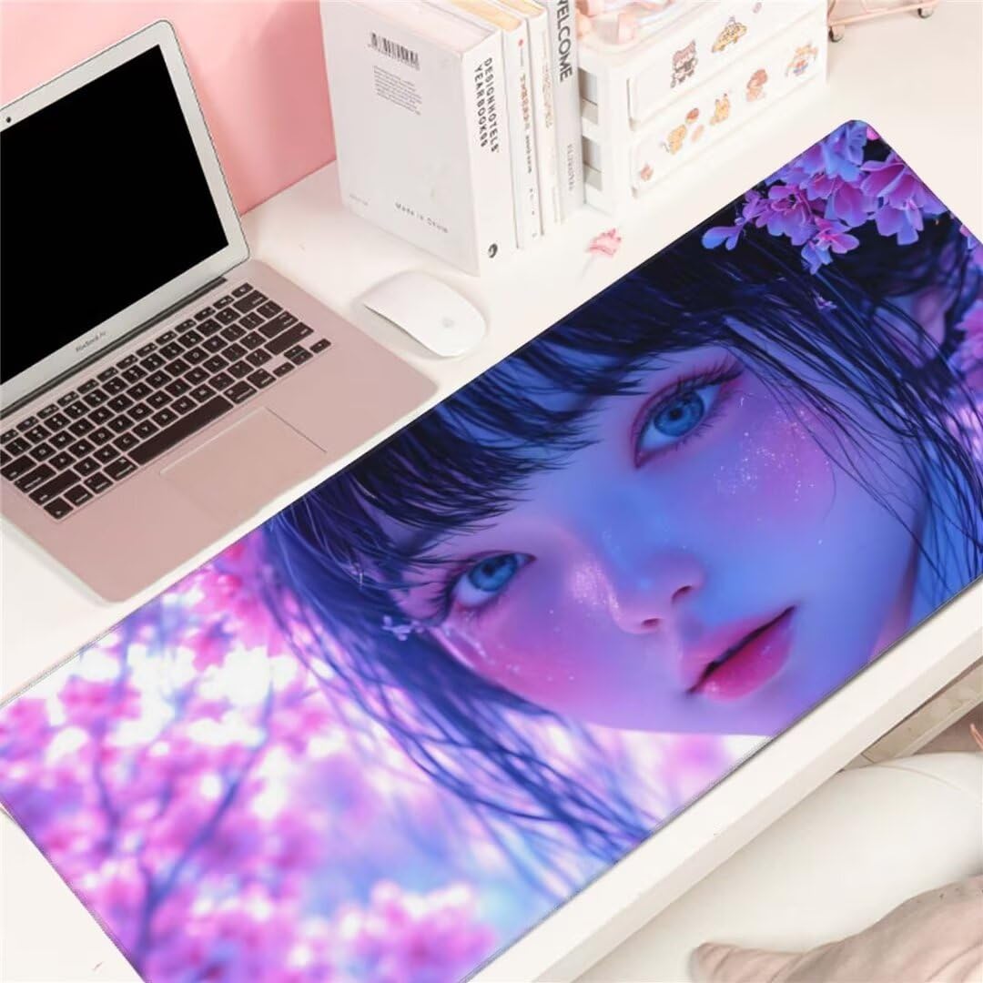 Alfombrilla de ratón 1400x600x3 MM, Alfombrilla Ratón XXL Extendida de Gran Tamaño con Bordes Cosidos, Base de Goma Antideslizante Almohadilla para Teclado, Cherry Blossom Woman S-12155