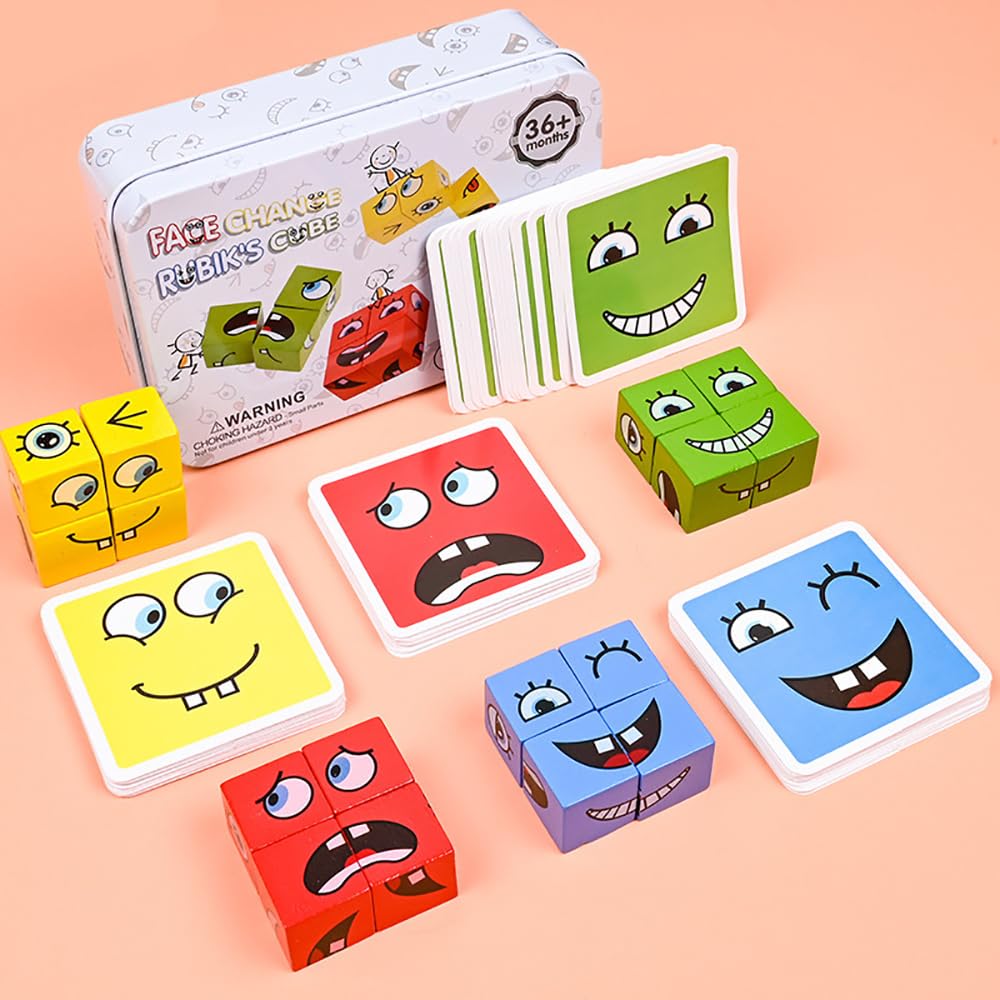 Semazz Face Changing Cube Game,Wooden Face Cube Expression Matching Puzzle Expression Puzzle Building Blocks Montessori Educational Toys for Kids Face Change Thinking Training - Image 2