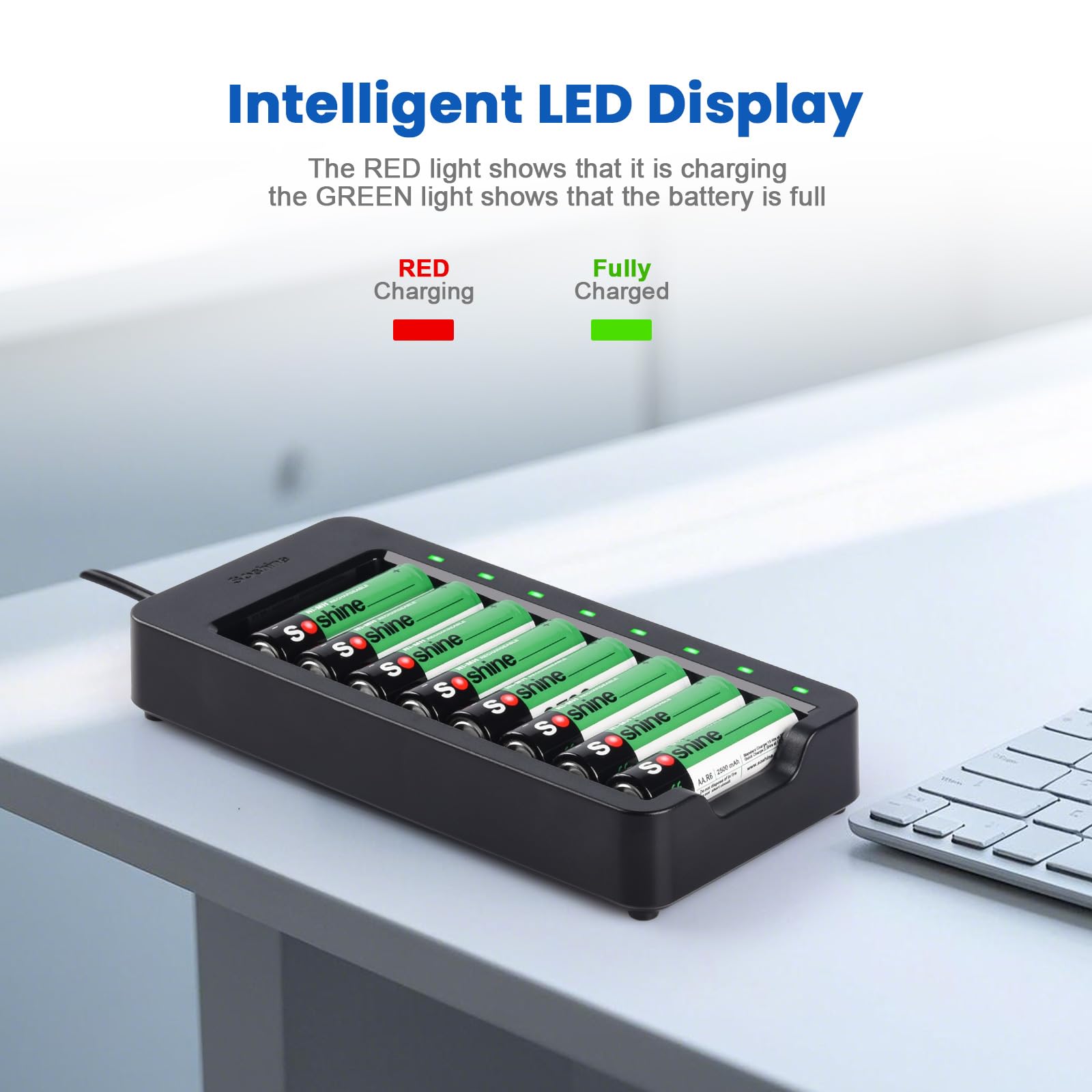 Cargador de batería inteligente AA AAA con 8 pilas recargables AA (2500 mAh Ni-MH), cargador de batería individual USB para baterías NiMH NiCD de 1.2 V, carga rápida para dispositivos domésticos y de