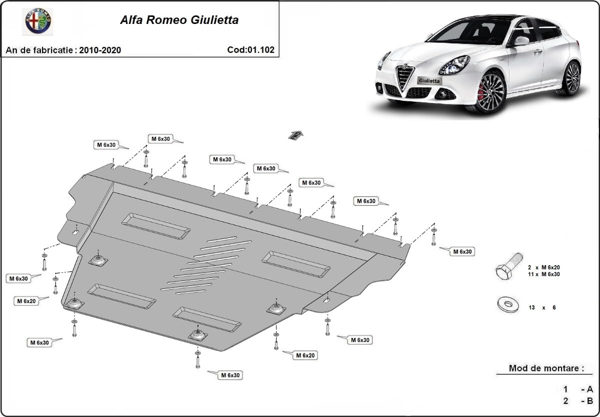 compatibile con Piastra paramotore di acciaio Alfa Romeo Giulietta (2010-2020)