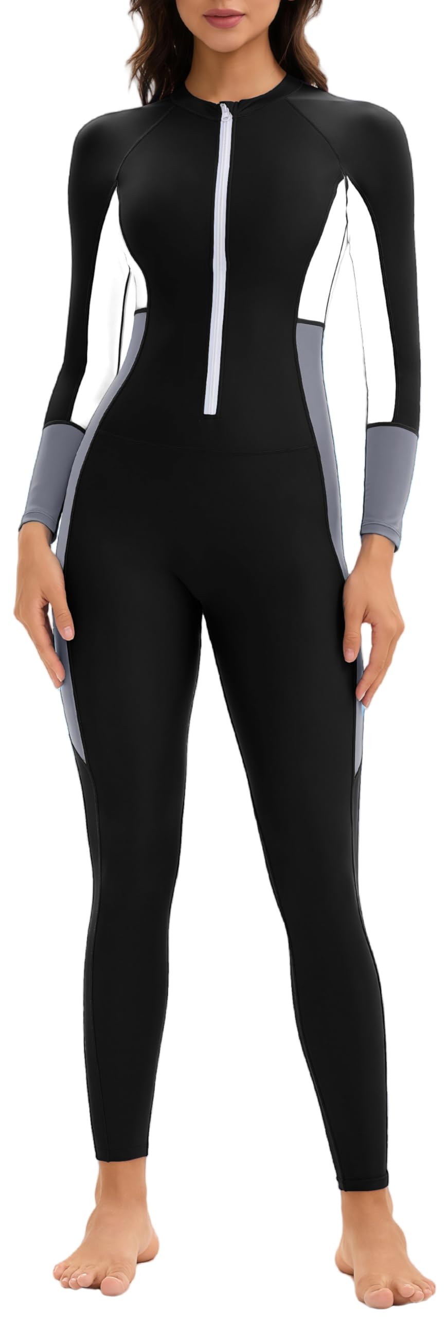 Women's Long Sleeve Bathing Suit 50+ UPF Full Body Rash Guard Quick Dry Sunscreen Diving Color Block Swimsuit for Snorkeling Surfing XL