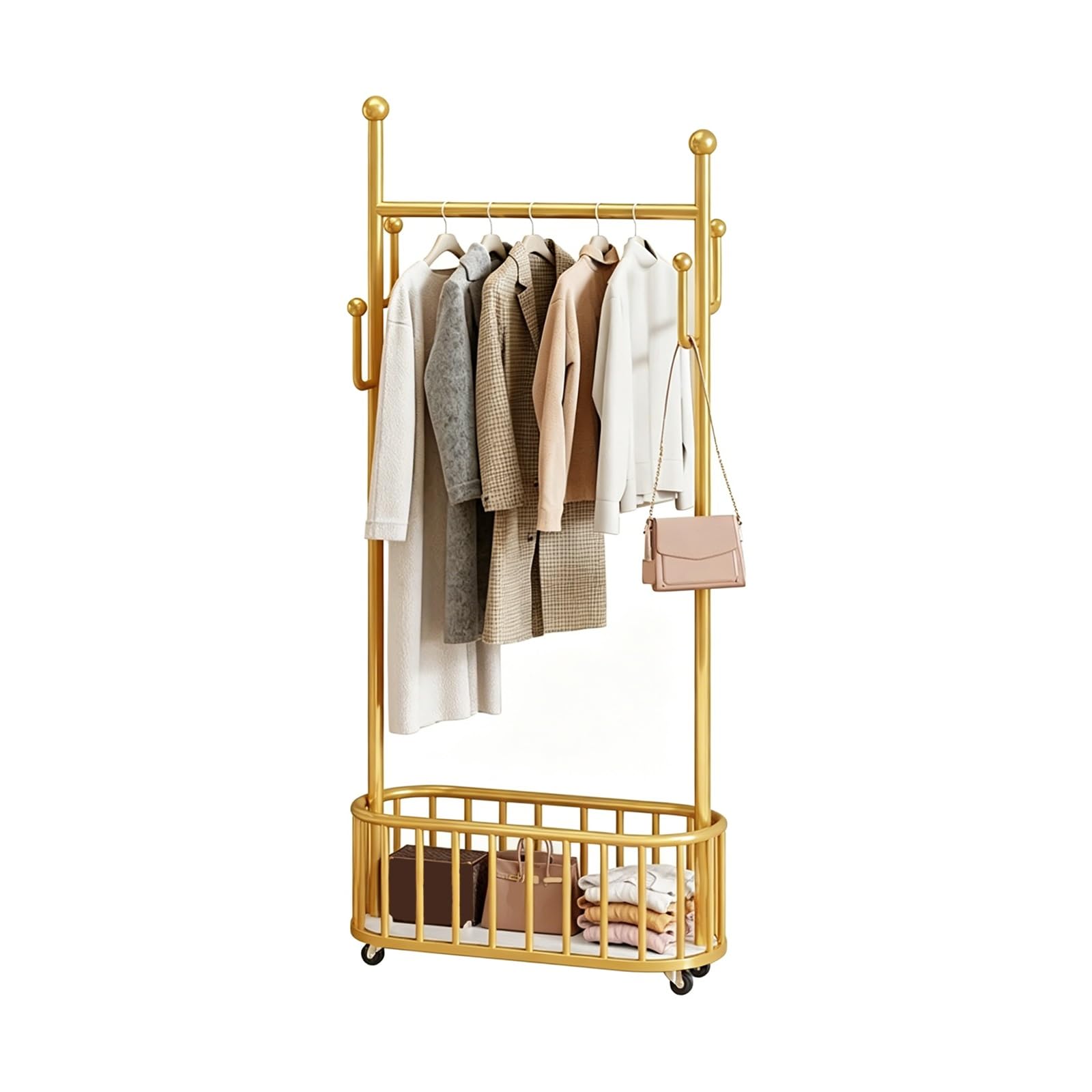 lyxamjrzyp Rolling Clothes Rack with Wheels, Portable Metal Clothing Rack, Closet Organizer Storage Racks with Basket for Bedroom Entryway Dorm(Gold,23.6in/60cm)