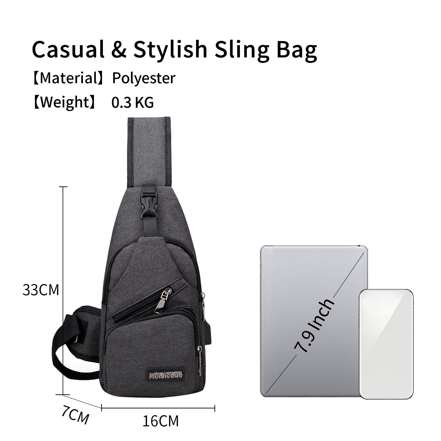 FANDARE Sac de Poitrine Unisexe Sac d'Epaule Sacoche Homme Femme avec USB Sac Bandoulière Imperméable Sling Bag pour Cyclisme,Aventure,Camping,Équitation,Chasse,Randonnée,Voyage Gris Noir