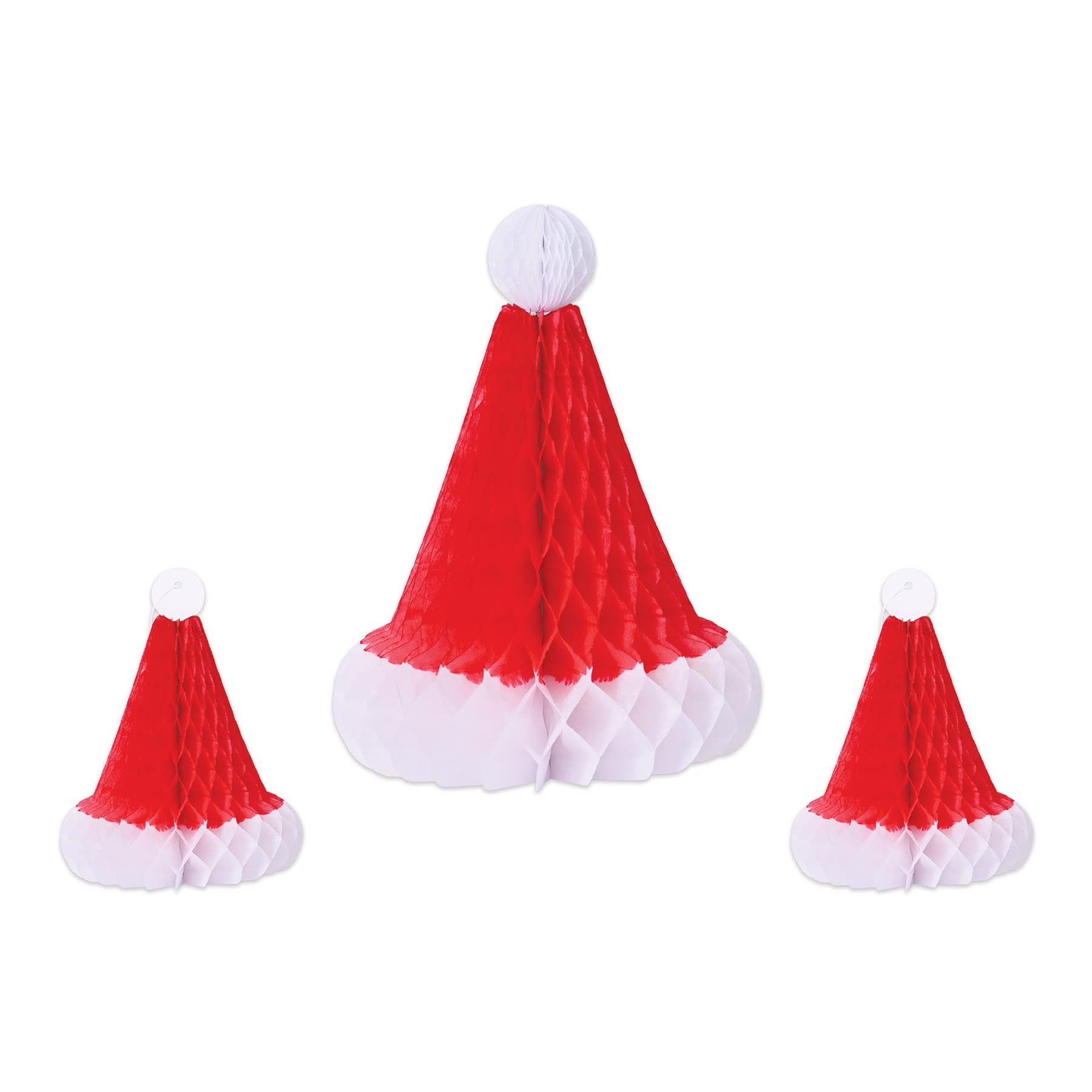 Beistle 3 Sombreros de Papá Noel de Papel de Seda de Panal para Decoraciones de Fiesta de Navidad, Rojo/Blanco