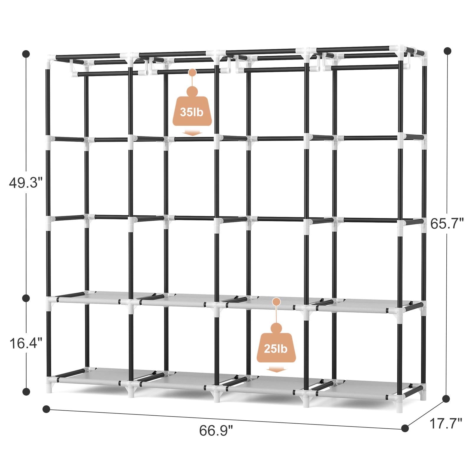 VTRIN Tragbarer Kleiderschrank, 170 cm breit, großes Fassungsvermögen, tragbar, mit Abdeckung, 4 Ablageböden und 4 Hängestangen, robuster Schlafzimmerschrank, Grau