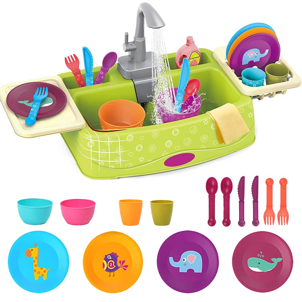 Masroo Play Kitchen Sink Toy with Running Water for Kids Toddler, Learning Dishwasher Set with Automatic Water Cycle System, Pretend Role Play Toys for Boys Girls (green)
