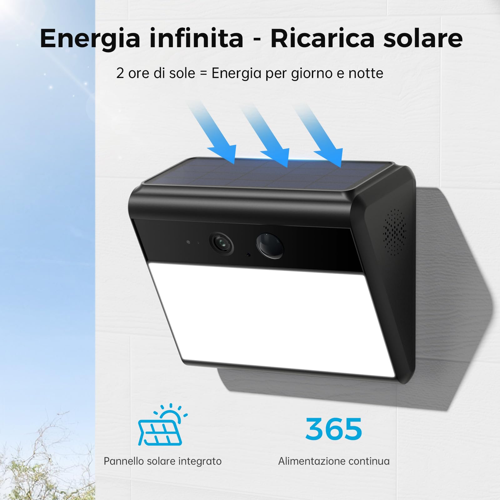 Woox Telecamera da Esterno Solare con Lampada a Parete, 2K Telecamera WiFi Esterno Senza Fili con Batteria, Rilevamento IA persone/animali/veicoli, Visione Notturna a Colori, IP65, Wi-Fi 2,4 GHz