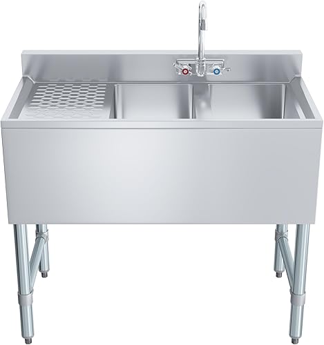 Miniatura 2 de AmGood Fregadero de 2 compartimentos debajo de la barra con escurridor izquierdo de 12 pulgadas y grifo - 36" X 18 3/4". NSF. Fregadero comercial de