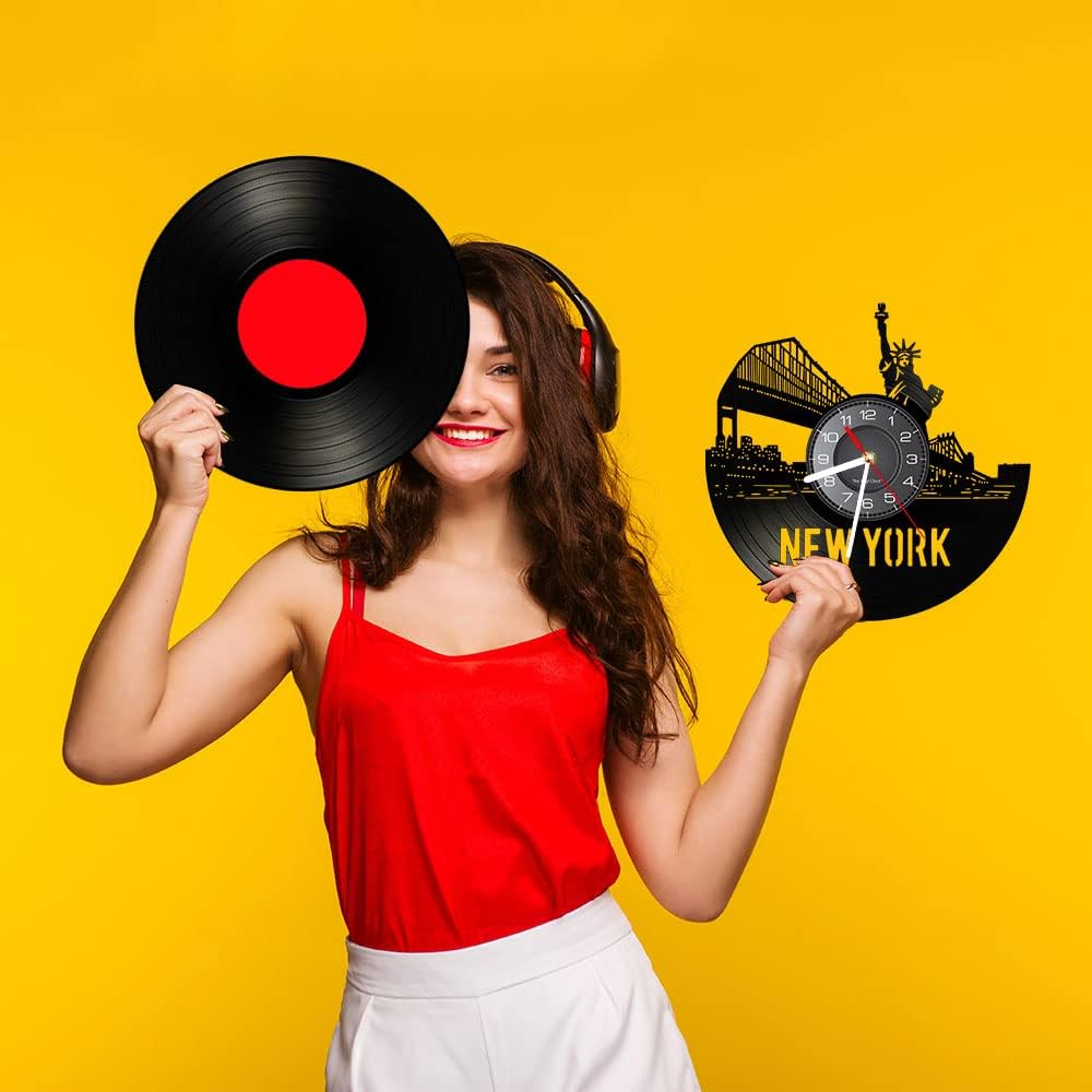 12 Inches New York Skyline Vinyl Record Wall Clock Battery Operated Silent Non-Ticking, USA Cityscape Wall Decor Hanging Wall Clock Watch Brooklyn Bridge Manhattan NYC for Living Room Decor