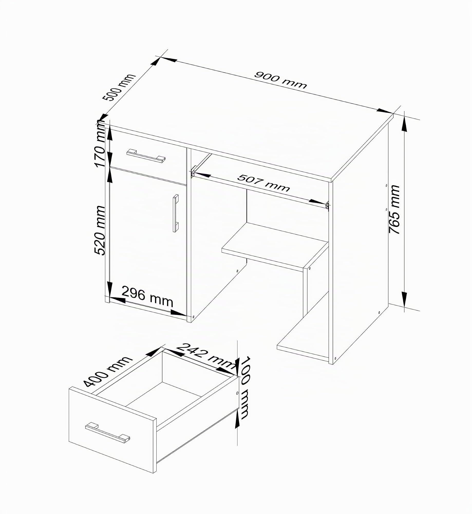 AKORD | Escritorio Jay para PC con Estante para Teclado | Mesa de Oficina y Ordenador | L90 x H74 x P50 cm 29 kg | Blanco y Gris Grafito