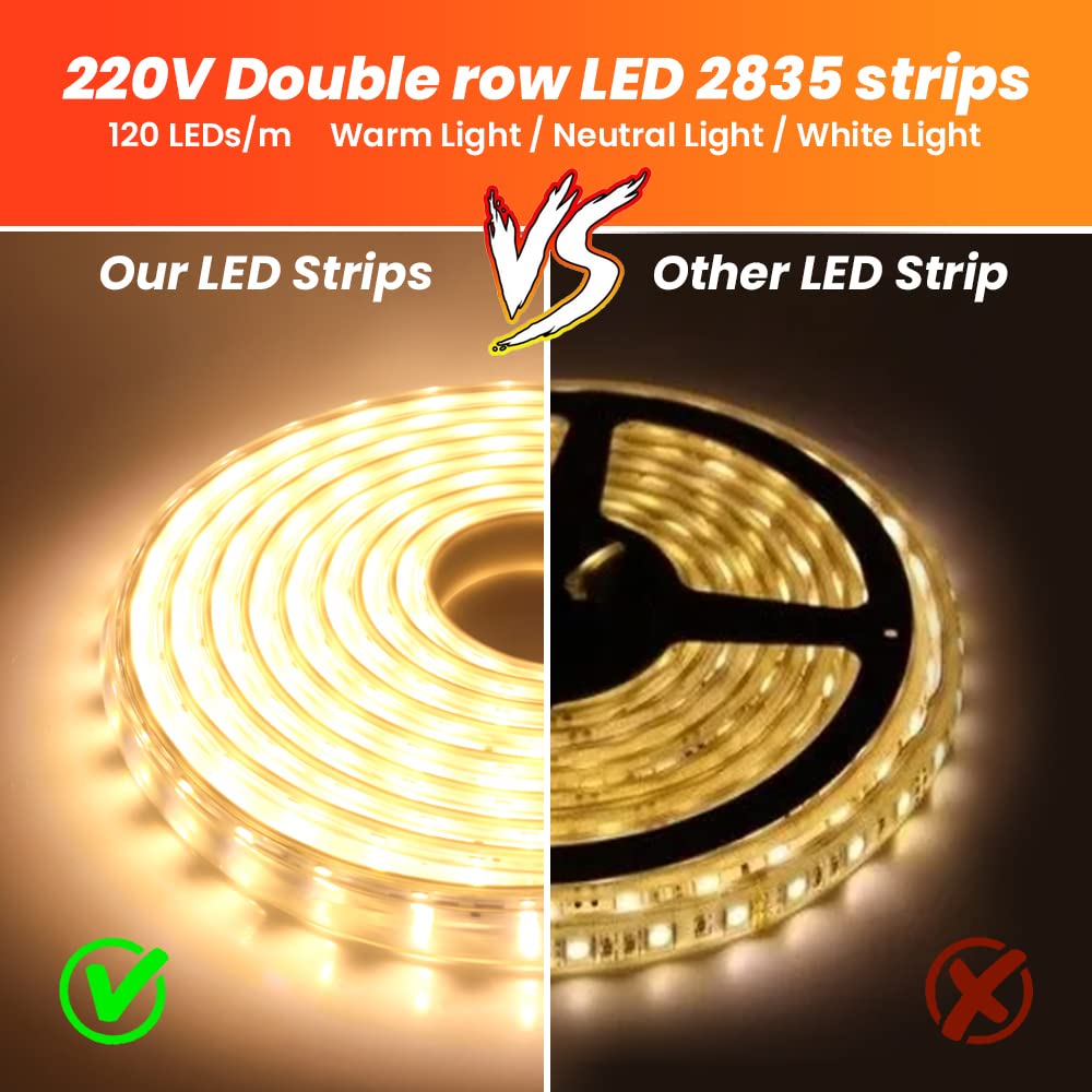 220V Ruban à LED, 120Leds/m Bande LED Etanche, 2832 IP67 Etanche Bande Strip Led (20m, Blanc chaud)