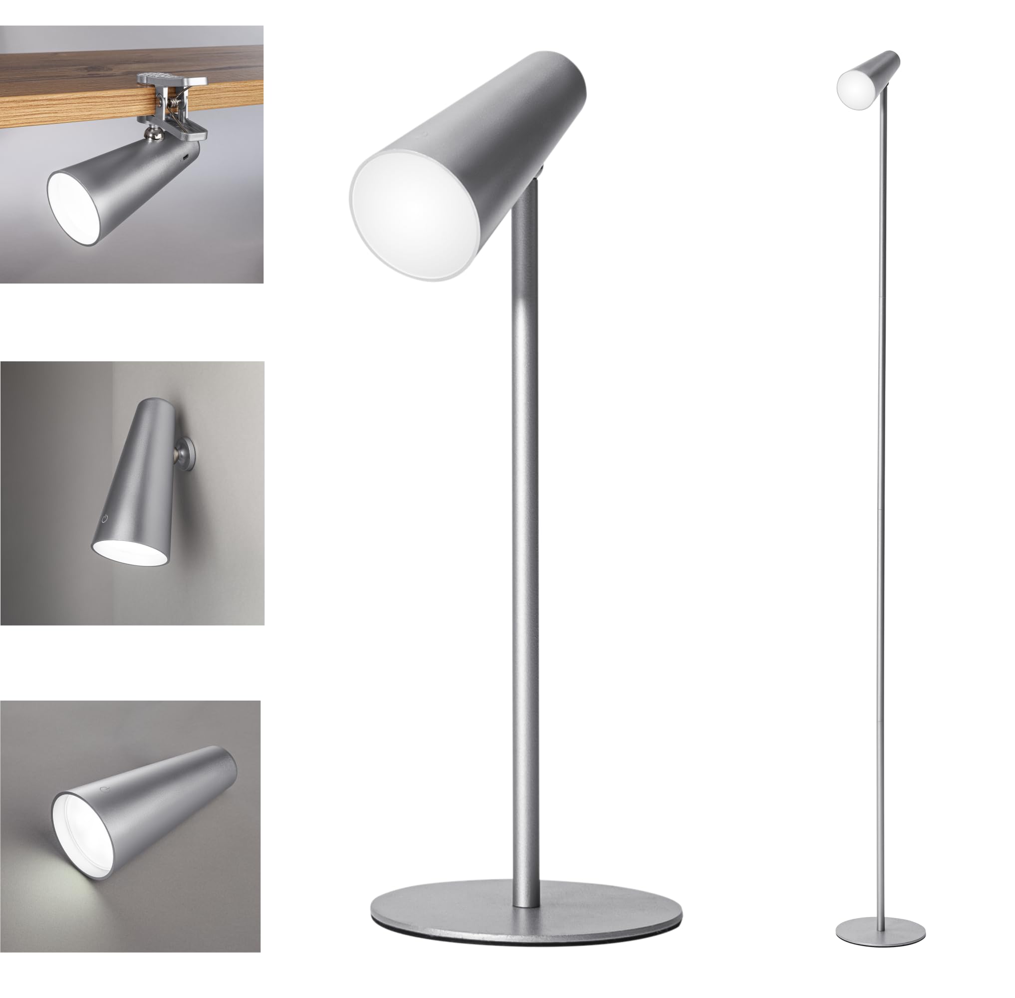 5 IN 1 LED AKKU-MULTIFUNKTIONSLAMPE DIMMBAR TISCHLEUCHTE STANDLEUCHTE TASCHENLAMPE CLIPLEUCHTE KLEMMLEUCHTE TAGESLICHTLEUCHTE (silber)